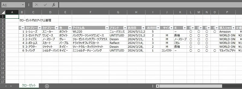 服や小物などのクローゼット管理もExcelを活用